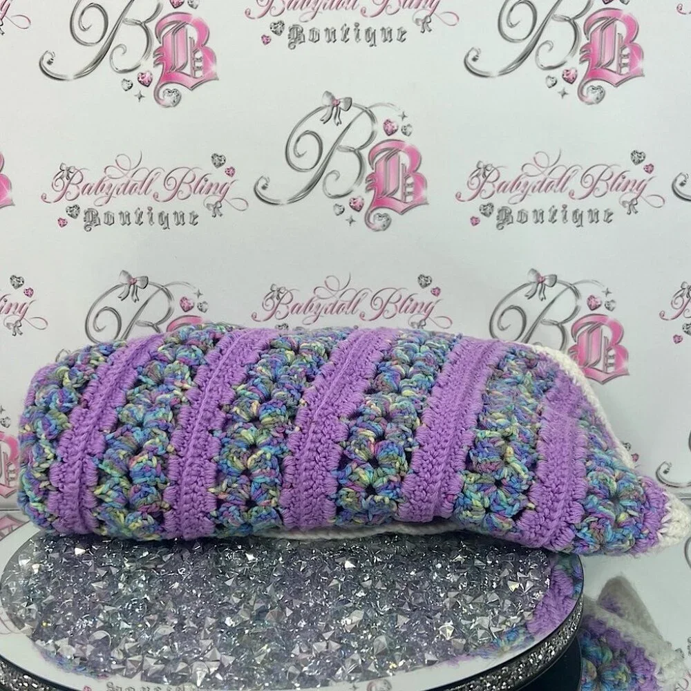 Blanket knit crochet cotton candy color Purple and Multicolor Crochet